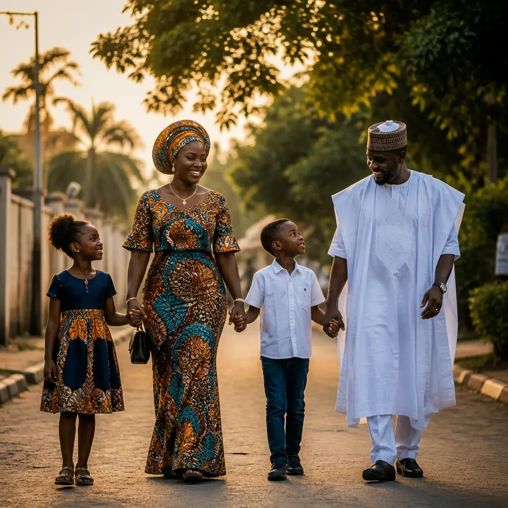 A happy diverse family of four walking together on a tree-lined sidewalk in golden light