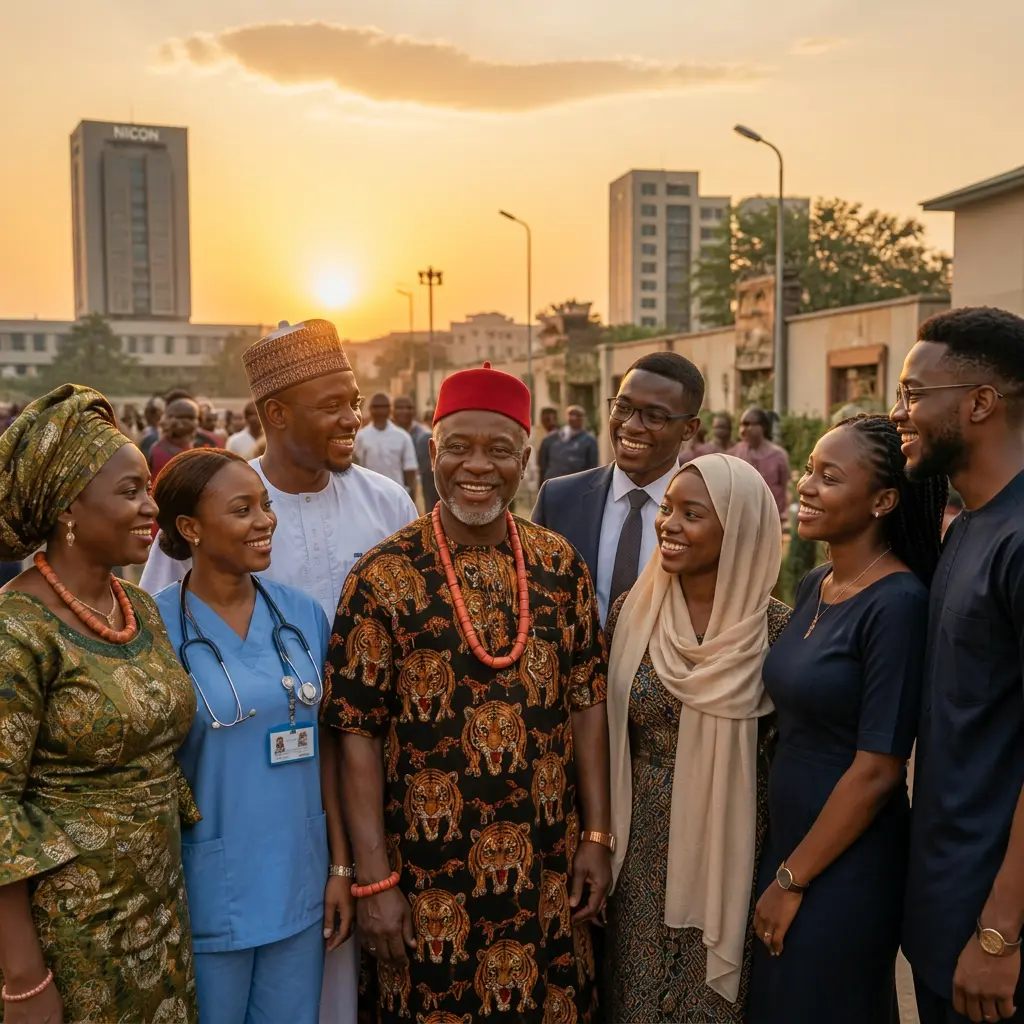 Diverse Nigerian community walking together at golden hour