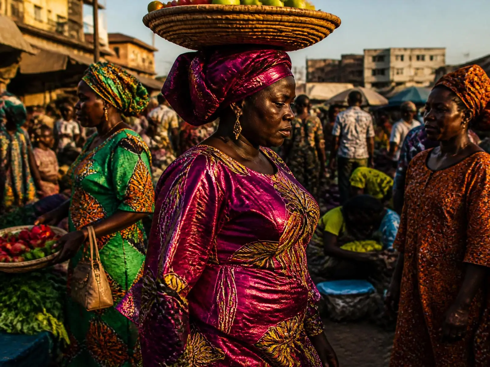Nigerian market scene with vendors