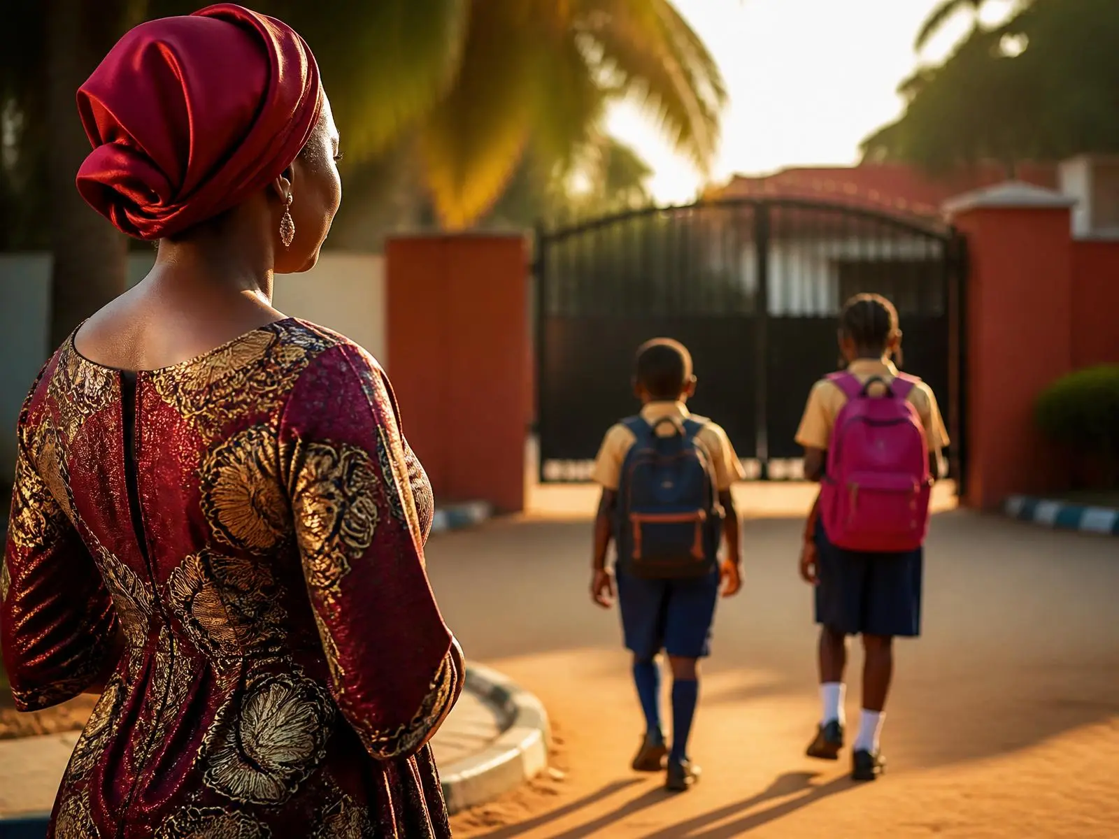 A mother watching her children walk to school