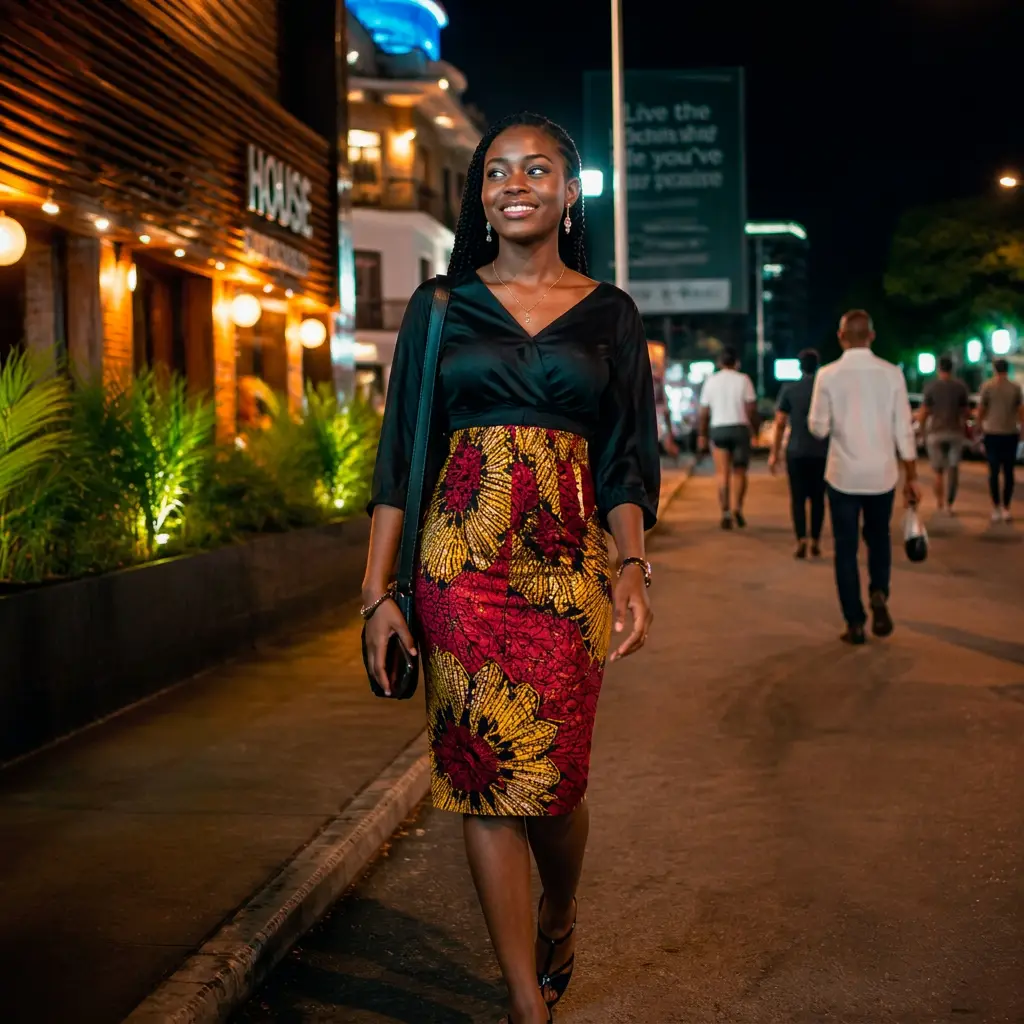 A young woman walking home calmly down a beautifully lit residential street at dusk