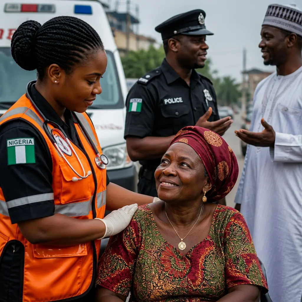 Friendly emergency medic reassuring an elderly man